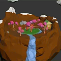 Low Poly Rocky Mountain With Snow Pink Trees Green Meadow Cabin Blue Waterfall and Clouds