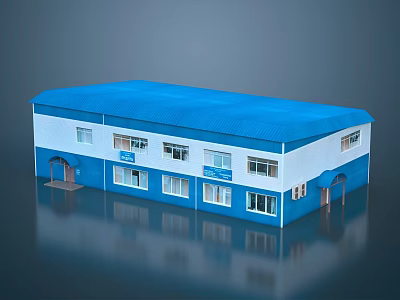 Two Story Office Building With Blue Roof White Walls And Multiple Windows 3d model