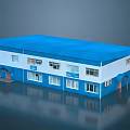 Two Story Office Building With Blue Roof White Walls And Multiple Windows