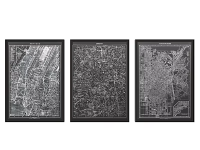 Set of Three Framed Black and White Detailed City Map Wall Art 3d model
