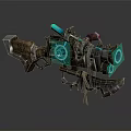 Futuristic Mechanical Weapon With Glowing Blue Components And Metal Wooden Structure