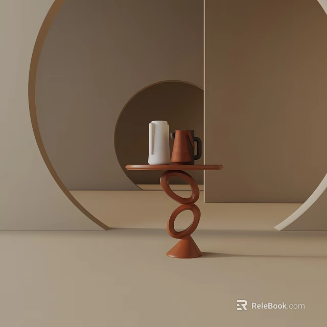 Brown Side Table With Circular Ring Base And White Brown Mugs 3d model 