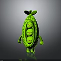 Cute Green Cartoon Pea Pod Character With Three Little Peas Round Dots And Leafy Top