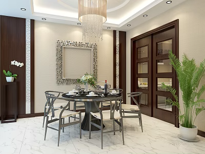Elegant New Chinese Style Living Room With Round Dining Table And Exquisite Home Decorations 3d model