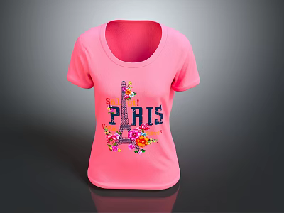 Pink Casual T shirt With Eiffel Tower PARIS Lettering And Floral Accents 3d model