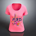 Pink Casual T shirt With Eiffel Tower PARIS Lettering And Floral Accents