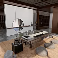 Modern Open Tea Room With Wooden Lattice Doors Round Window Marble Floor And Bookshelves