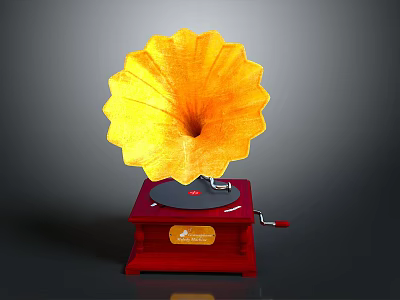Vintage Gramophone With Yellow Flower Shaped Horn And Red Wooden Base 3d model