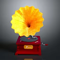 Vintage Gramophone With Yellow Flower Shaped Horn And Red Wooden Base