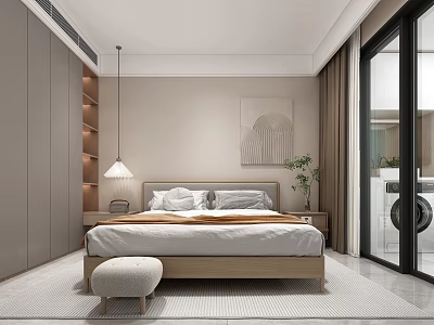 Modern Bedroom Interior With Wooden Bed Frame Beige Walls Abstract Painting And Wardrobe 3d model