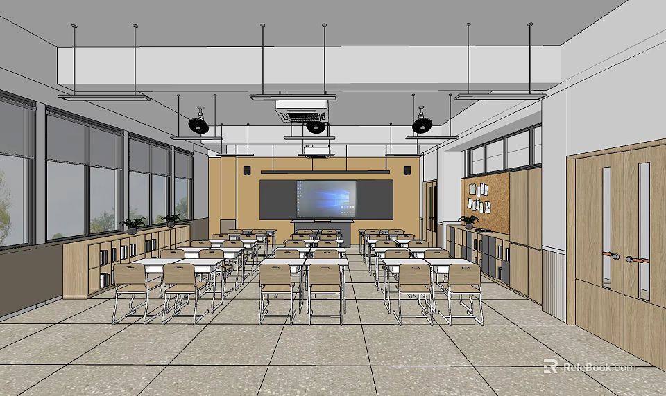 School Classroom Interior Featuring Desks Chairs Blackboard Projector And Windows 3d model