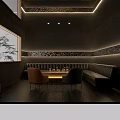 Modern Bar Interior With Ambient Lighting Leather Sofas And Patterned Wall Panels