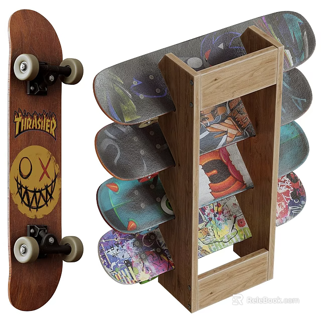 Wooden Skateboard Rack Storage Design With Colorful Skateboards And Unique Graphics 3d model 