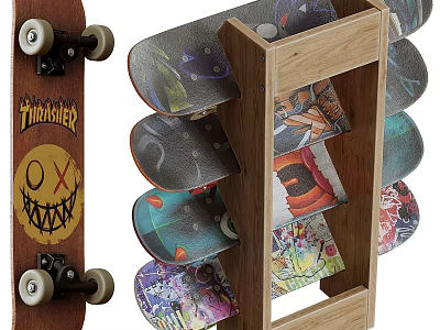 Wooden Skateboard Rack Storage Design With Colorful Skateboards And Unique Graphics 3d model