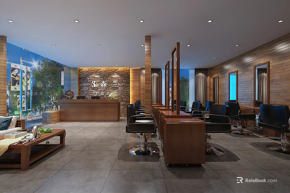 Modern Beauty Hair Salon Interior With Wooden Reception Desk Barber Chairs Mirrors and Plant Decorations 3d model 