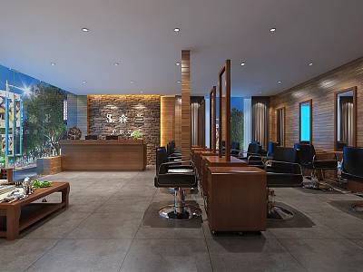 Modern Beauty Hair Salon Interior With Wooden Reception Desk Barber Chairs Mirrors and Plant Decorations 3d model