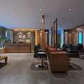 Modern Beauty Hair Salon Interior With Wooden Reception Desk Barber Chairs Mirrors and Plant Decorations