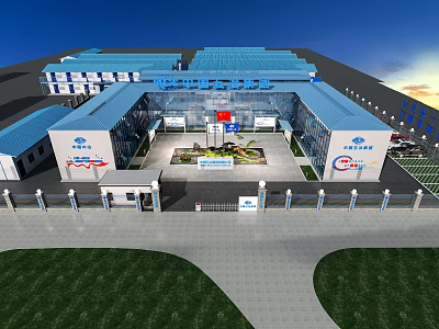 Modern Industrial Factory Exterior With Blue Roof Plaza Area And Entrance Gate 3d model