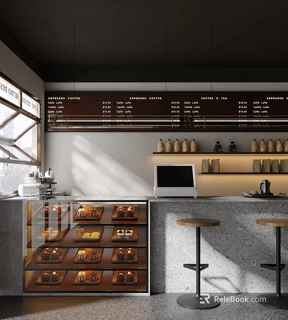 Modern Cafe Interior With Menu Board Pastry Display Case And Bar Stools At Counter 3d model 