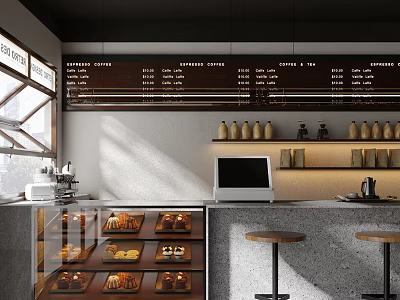Modern Cafe Interior With Menu Board Pastry Display Case And Bar Stools At Counter 3d model