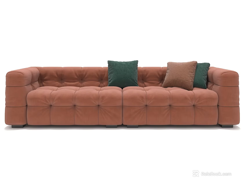 Brown Tufted Multi Seat Sofa With Green And Brown Decorative Pillows 3d model