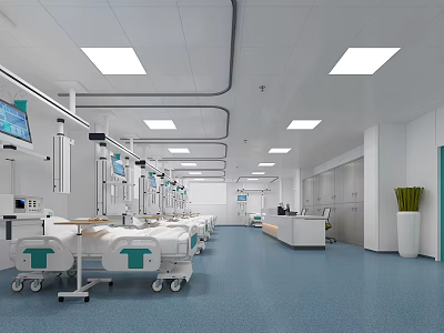 Hospital Outpatient Clinic With Patient Beds Medical Facilities Nurse Station Blue Flooring And Green Plants 3d model