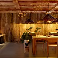Natural Ambiance Wooden Dining Kitchen Interior With Green Plants Hanging Lights And Dining Table Chairs
