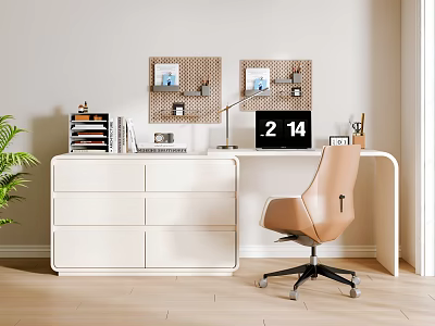 White Home Office Desk With Drawer Cabinet Lamp Monitor Cork Boards And Beige Chair 3d model