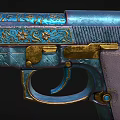 Ornate Blue And Gold Decorative Pistol With Intricate Patterns On Purple Grip