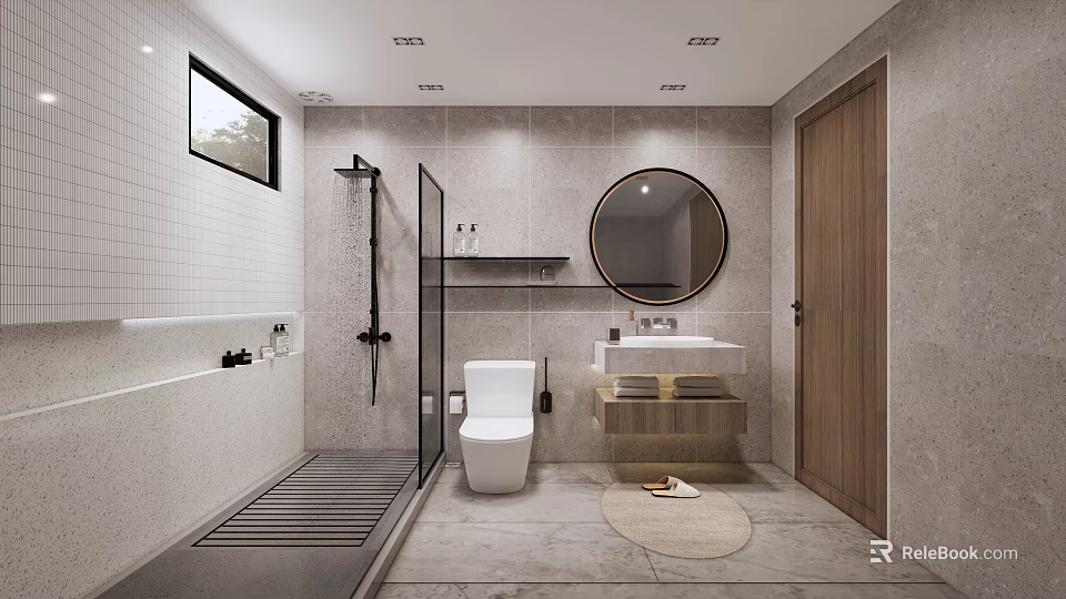 Modern Bathroom Interior Design With Gray Tile Walls Bathtub Walk in Shower Round Mirror And Wooden Door 3d model 
