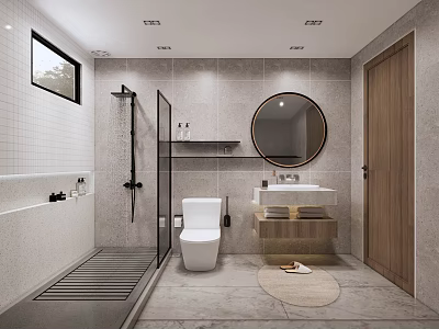 Modern Bathroom Interior Design With Gray Tile Walls Bathtub Walk in Shower Round Mirror And Wooden Door 3d model