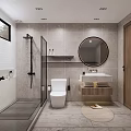 Modern Bathroom Interior Design With Gray Tile Walls Bathtub Walk in Shower Round Mirror And Wooden Door