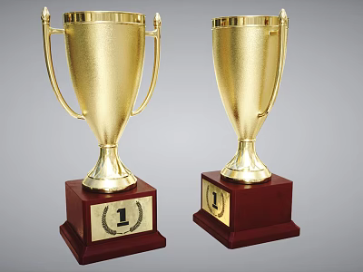 Two Golden Trophies with Red Bases Featuring Number 1 and Laurel Wreath 3d model