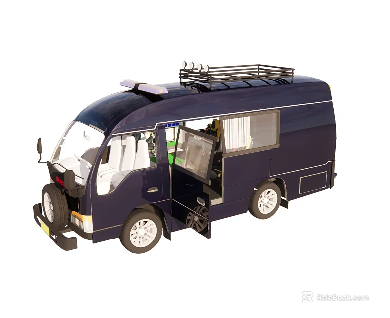Dark Blue Functional Camper Van With Roof Rack Open Doors And Interior Seats For Travel 3d model 