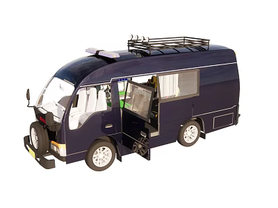 Dark Blue Functional Camper Van With Roof Rack Open Doors And Interior Seats For Travel 3d model