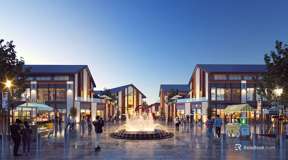 Vibrant Commercial Street With Traditional Modern Architecture Central Fountain Pedestrians And Shops 3d model 
