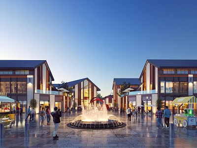 Vibrant Commercial Street With Traditional Modern Architecture Central Fountain Pedestrians And Shops 3d model