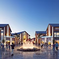 Vibrant Commercial Street With Traditional Modern Architecture Central Fountain Pedestrians And Shops
