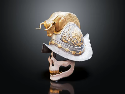 Ornate Detailed Decorative Helmet Featuring Golden Bull Head On Human Skull 3d model