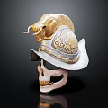 Ornate Detailed Decorative Helmet Featuring Golden Bull Head On Human Skull