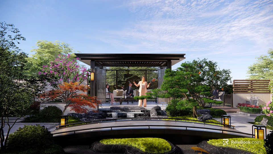 Traditional Chinese Garden Landscape With Pavilion Stone Bridge Lush Trees Lanterns And Water Feature 3d model 