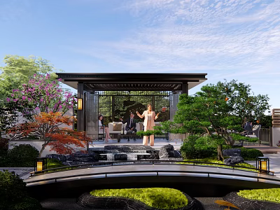 Traditional Chinese Garden Landscape With Pavilion Stone Bridge Lush Trees Lanterns And Water Feature 3d model