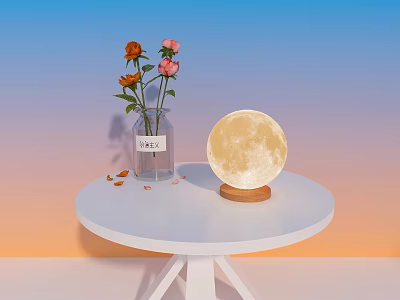Moon Table Lamp With Wooden Base On White Round Table And Roses Against Gradient Sky 3d model