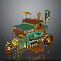 Colorful Decorative Model Cart With Umbrella Flag Red Wheels And Detailed Design
