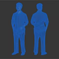 Man wearing blue shirt and black pants front and back view standing against gray background 3d model