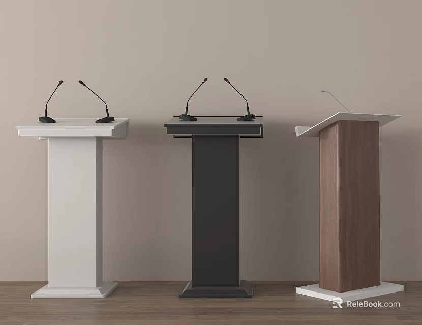 White Black and Brown Podiums with Microphones for Public Speaking Events 3d model 