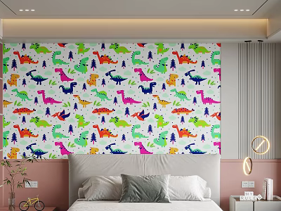 Vibrant Dinosaur Pattern Wallpaper As Bed Accent Wall In Kids Bedroom Design 3d model
