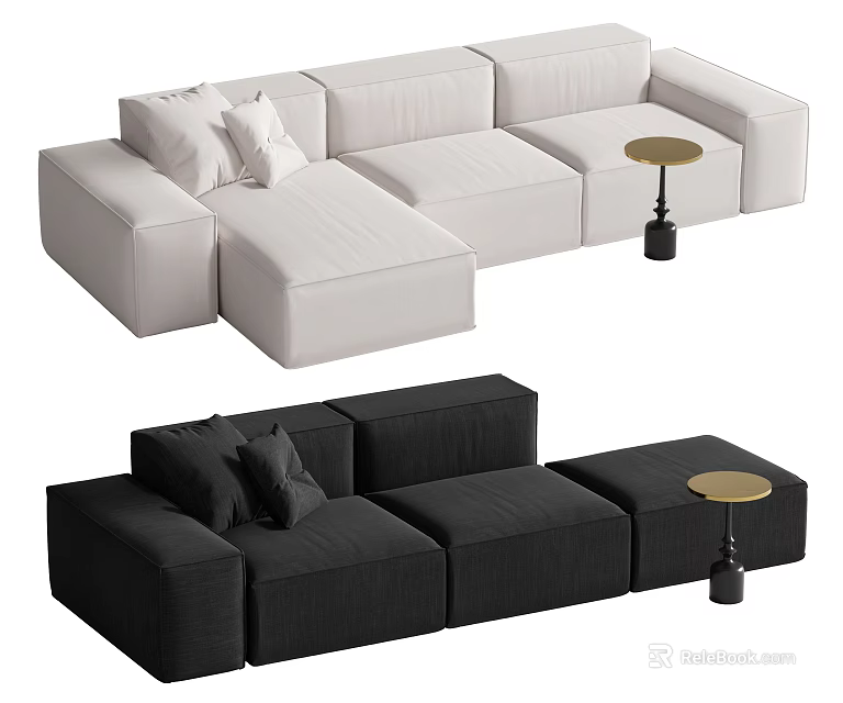 Modern Three Seater Sofa in White and Black with Modular and Small Round Side Table 3d model