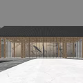 Black Tile Roof Sales Office Building With Glass Curtain Walls Wooden Structure And Waterfront Entrance