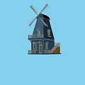 Blue Windmill Tower With White Blades Balcony Stairs And Green Trees